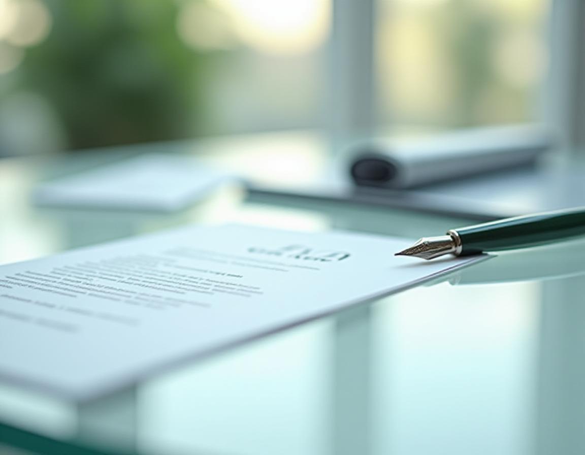 Legal documents and a pen on a glass desk