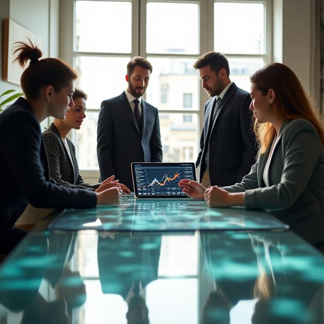 Analysts reviewing market data dashboards in a bright Paris office